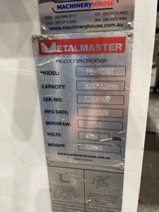 Used Metalmaster Panbrake Folder product specifications